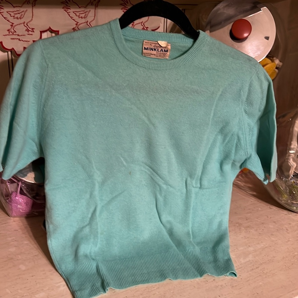 Vintage 50s shortsleeved sweater brand Darlene 70% lambs wool turquoise